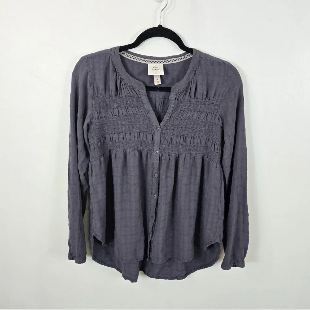 Boho Tunic Blouse Smocked Henley Long Sleeve Gray Medium - Picture 14 of 16